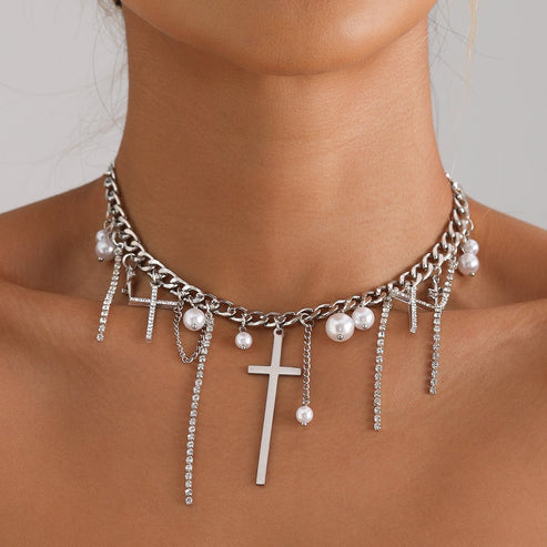 Diamond Cross Tassel Clavicle Chain Fashion Necklace